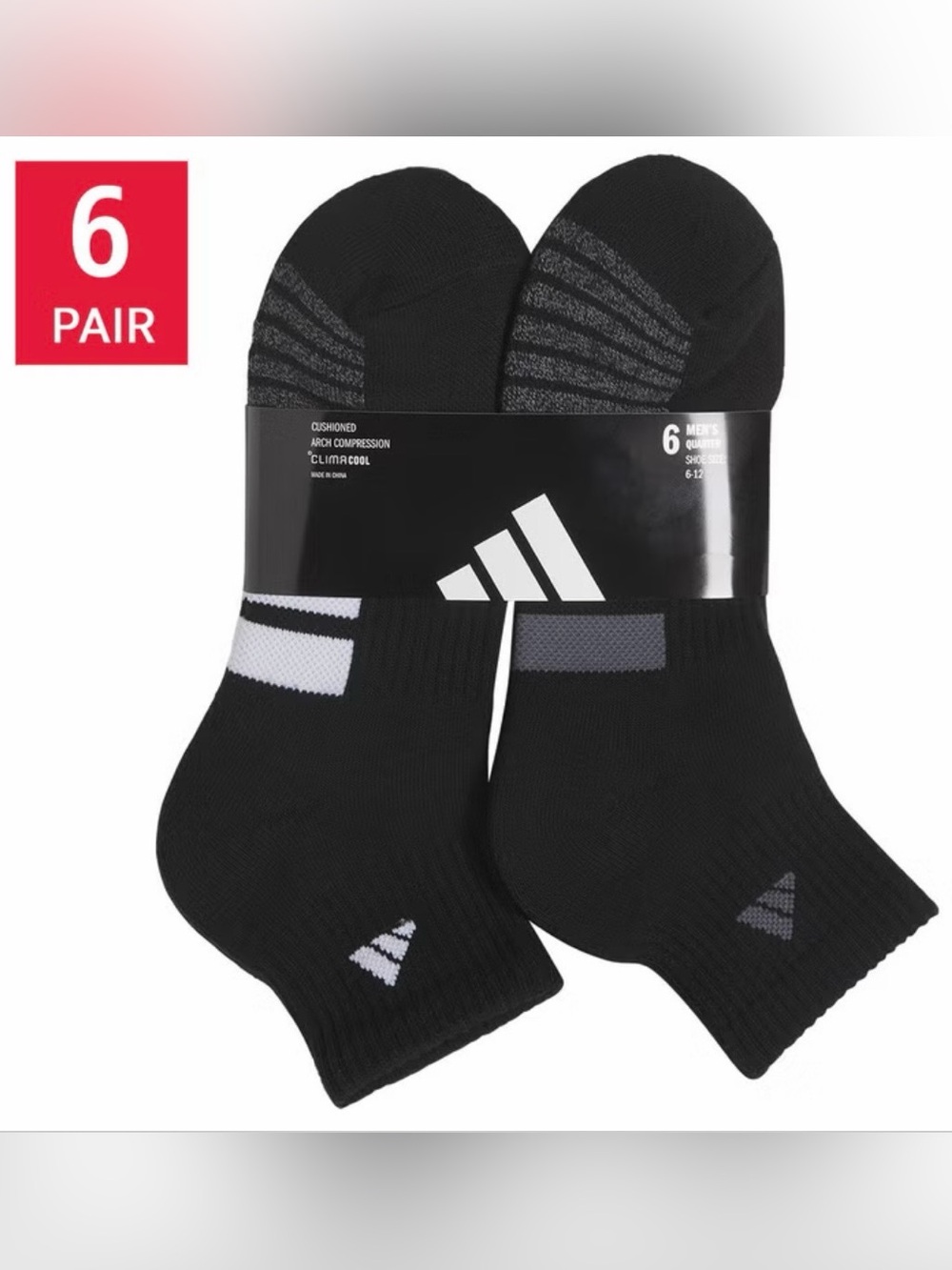 NWT adidas Men's Quarter Sock, 6-pair - BLACK pack activewear sport casual comfy